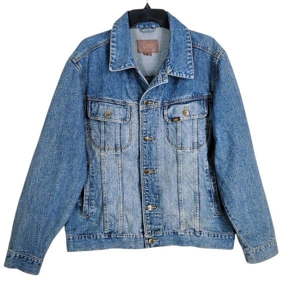 Lee Wrangler Trucker Denim Jacket Mens M Blue Faded Distressed LM45128 Fits L - Picture 11 of 12